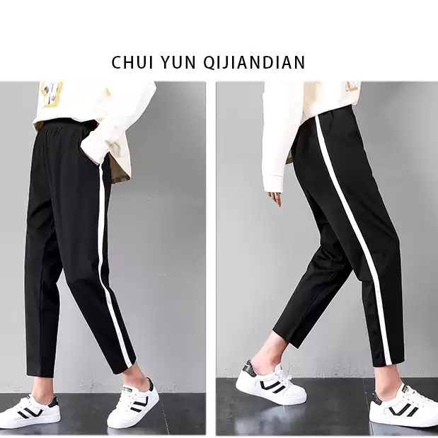 Quần thể thao nữ dài 1 sọc viền trắng màu đen ống bo thun  Quần jogger nữ dây rút Có túi Dãn Đai chun mặc tập gym đi học