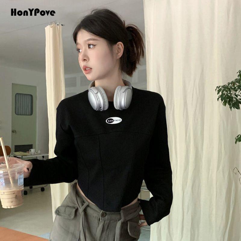Honypove Áo Thun Tay Dài Dáng Ngắn Ôm Viền Cong Thời Trang Cho Nữ