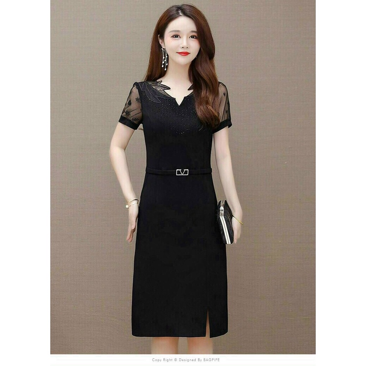 Hàng qc - Đầm body thun phối ren lá cổ đính đá màu đen sang trọng - BH39