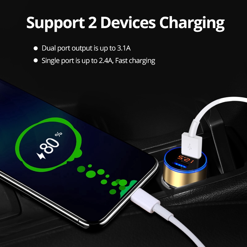 Tẩu Sạc Điện Thoại Nhanh 2 Cổng USB 3.1A 5V Có Màn Hình LED Dành Cho Ô Tô