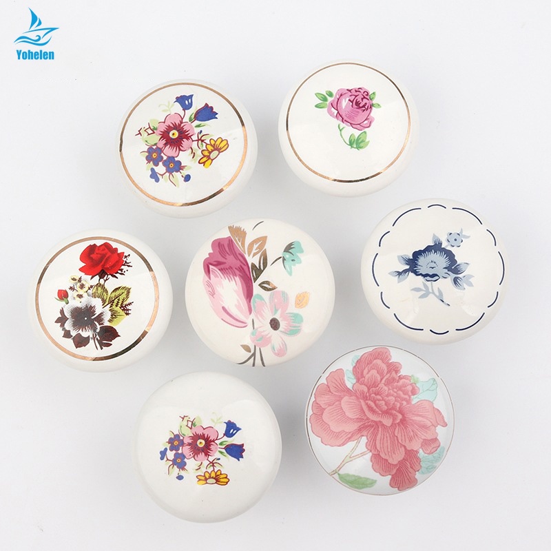 Tay Nắm Cửa Tủ Bằng Gốm Sứ Họa Tiết Hoa tulip Hoạt Hình Phong Cách Đồng Quê