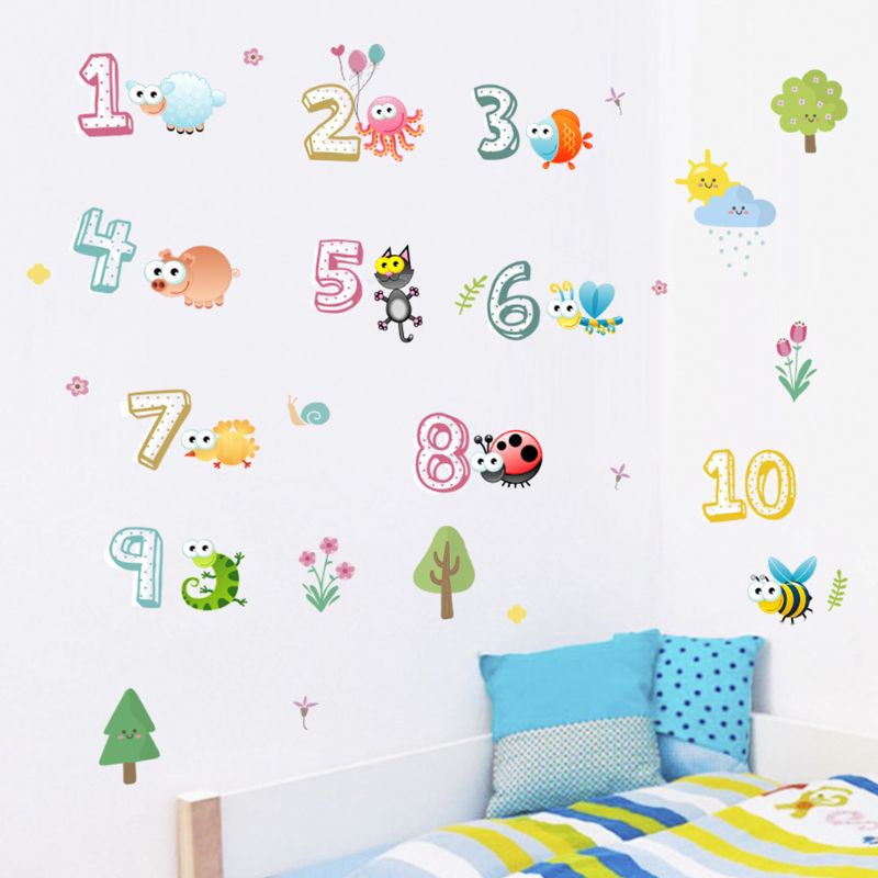 Miếng dán tường tự dính họa tiết số động vật hoạt hình sáng tạo giáo dục sớm cho bé