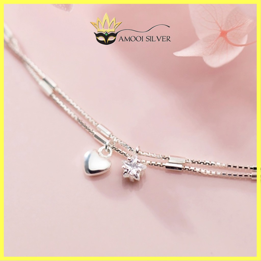 Lắc tay bạc S925 dây đôi trái tim ngôi sao - Amooi Silver AT43