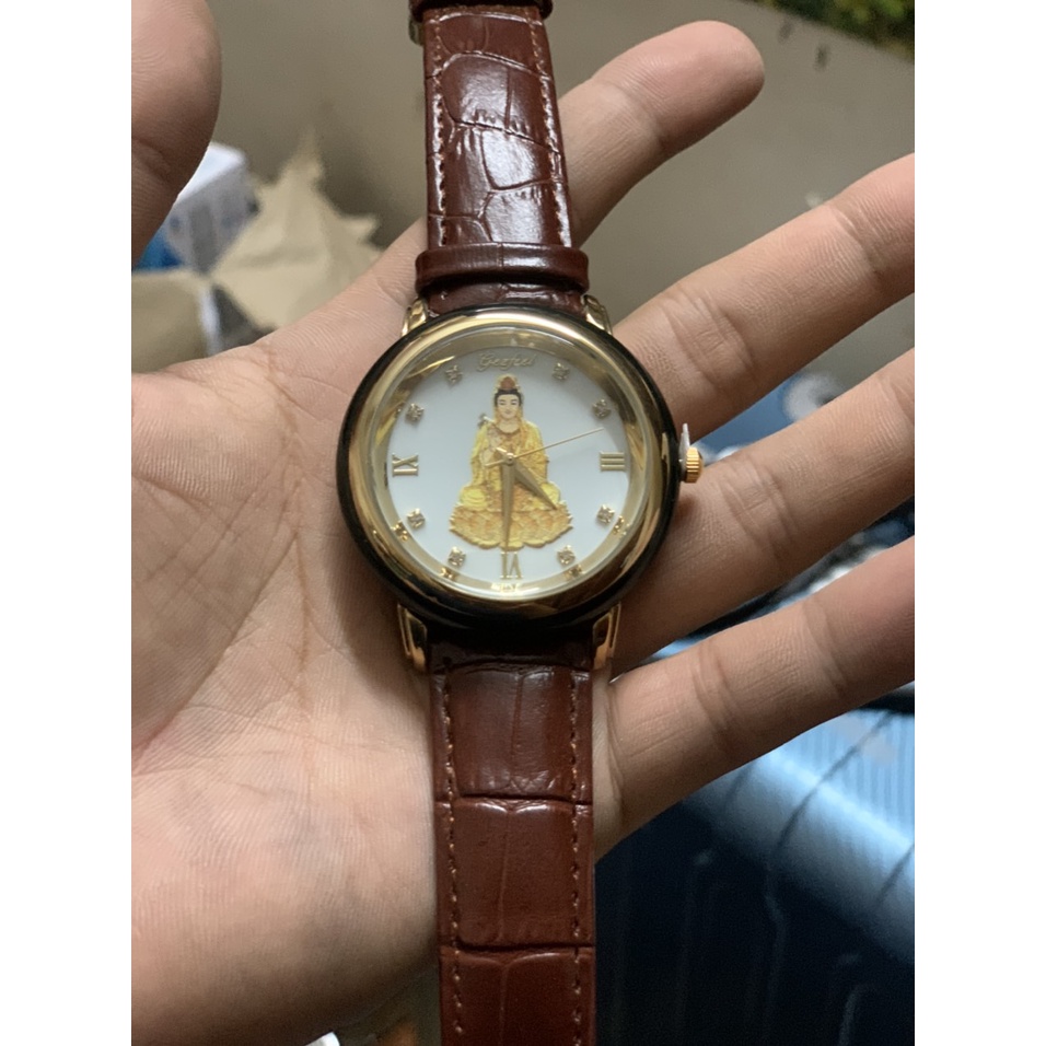 Đồng Hồ Đôi Nam Nữ Mặt Tròn Hình Phật Nạm Ngọc Bích - Đồng Hồ Godfell Nhật Bản Bảo Hành 1 Năm