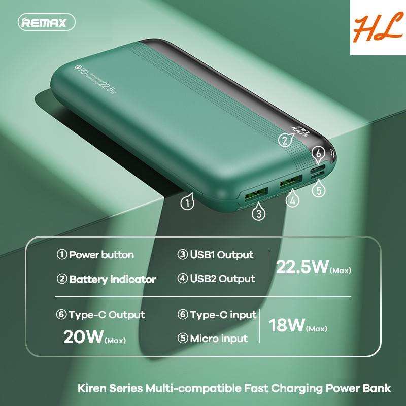 Pin Sạc Dự Phòng Remax RPP-293 10000mAh (2 Inputs 3 Outputs, TypeC PD20W, USB 22.5W) - Hưng Long PC