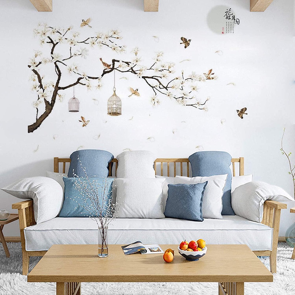 MIQUEL Đề Can Dán Tường Toàn Diện Họa Tiết Hoa Trắng Phong Cách Trung Hoa Trang Trí Nhà Cửa DIY