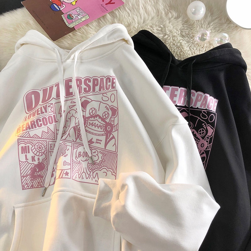 Áo Hoodie Nữ Tay Dài In Hình Trắng Đen Thời Trang Thu Đông