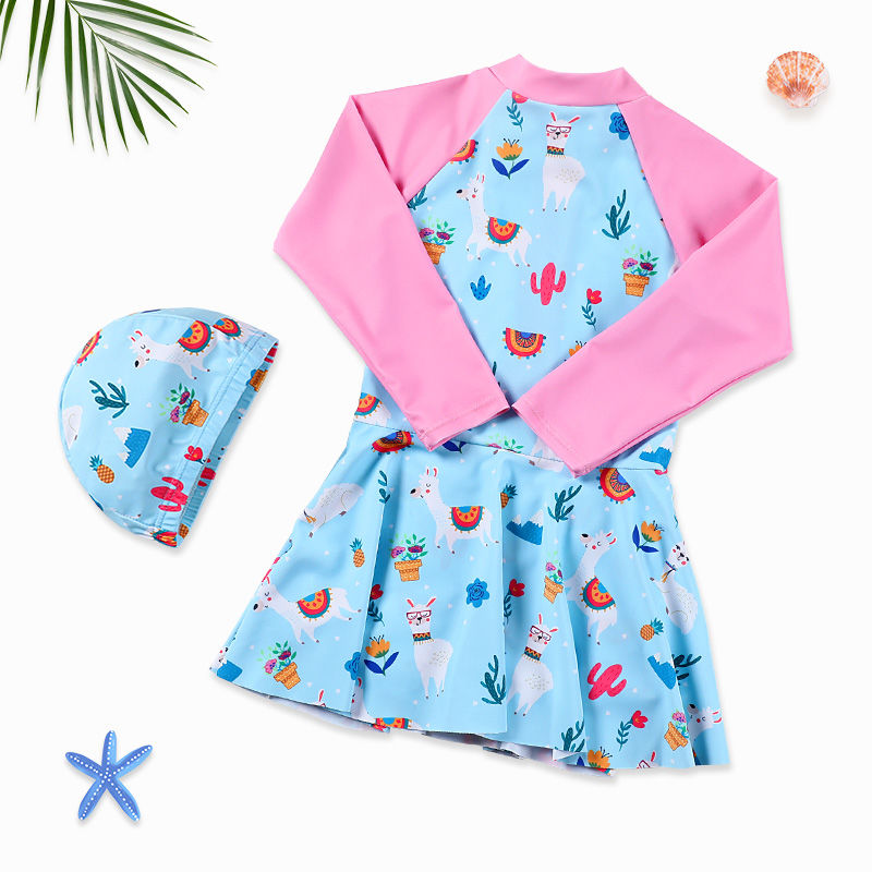 Girls Swimwear Long Sleeve Korean Lovely One-piece skirt for beach