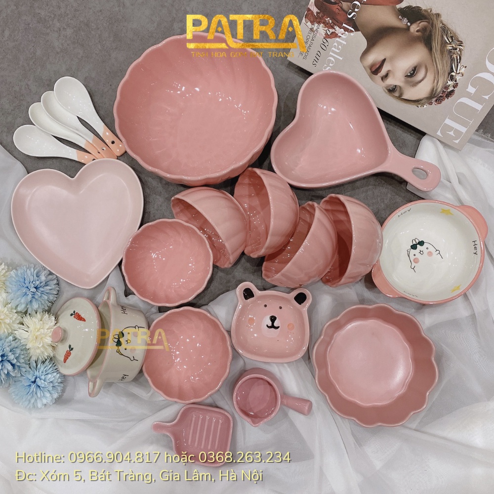 Bát ăn cơm, bộ bát đĩa decor, chén dĩa sứ màu hồng dễ thương cute cao cấp