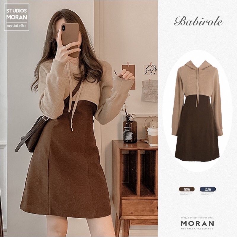 Set áo len có mũ dáng Croptop+Váy xoè dáng A-line style Moran độc lạ Hàn Quốc