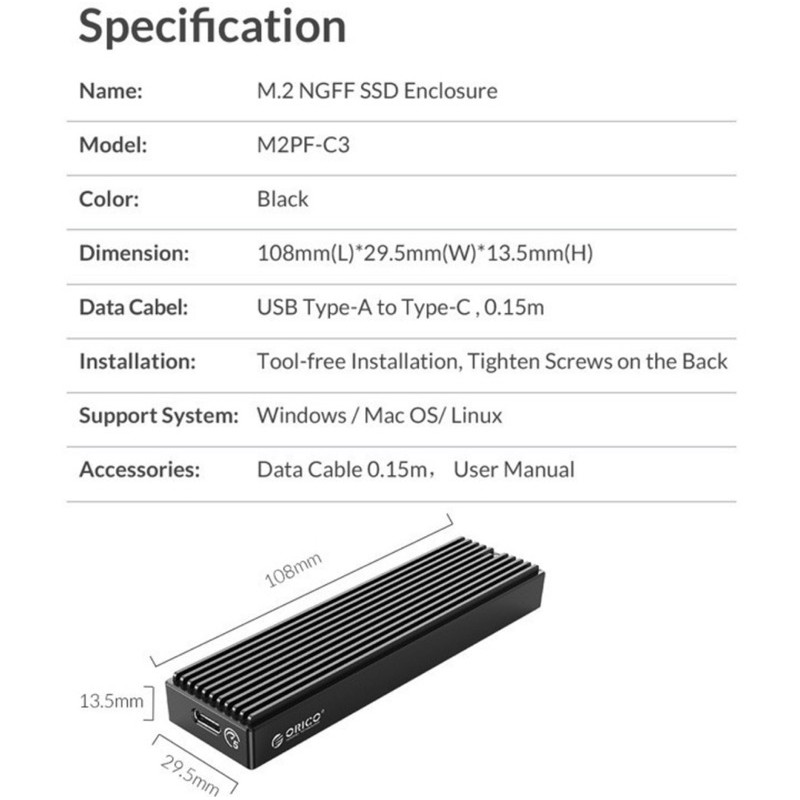 Box SSD M2 ORICO NVME M2PF M2PV USB C Tản Nhiệt Nhôm Chính Hãng