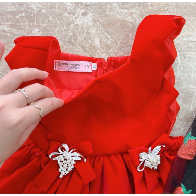 Sét áo váy nhung đỏ bé gái chất đẹp sang chảnh