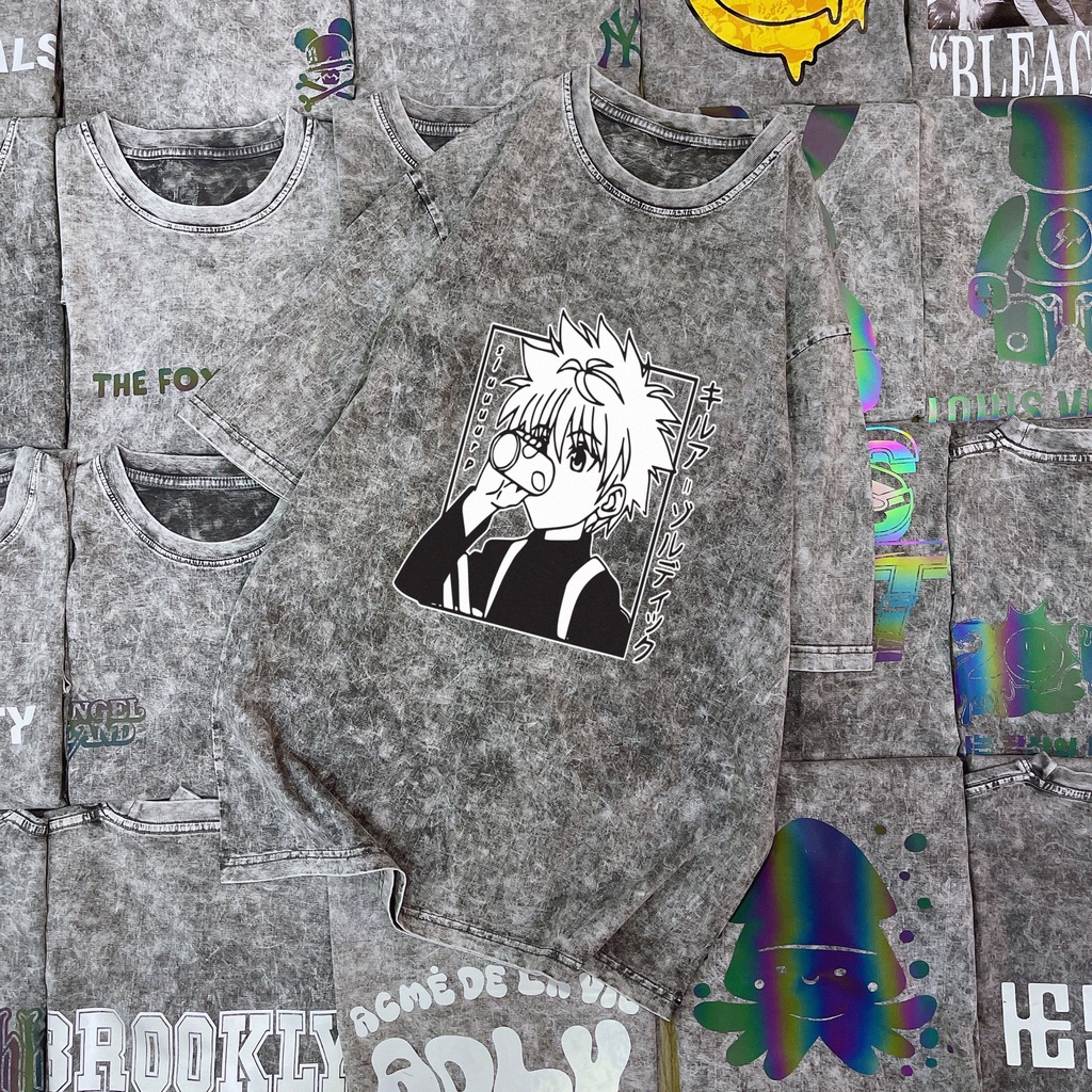 Áo Thun wash loang Nam Nữ  Áo Phông Unisex form rộng tay lỡ wash acid xám vải cotton in hình Anime hoạt hình