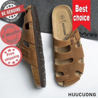 Dép Huucuong bít mũi da bò nâu / đen đế trấu, hàng giầy, dép, sandal chính hãng Hữu Cường, chất lượng cao, chịu nước