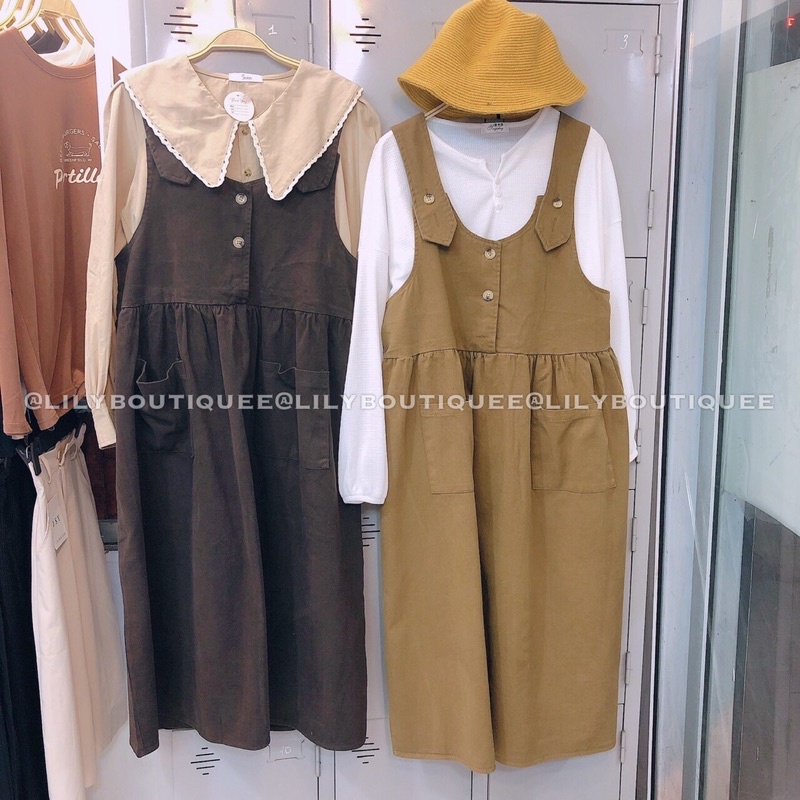 Váy yếm nhung 3 khuy 2 túi