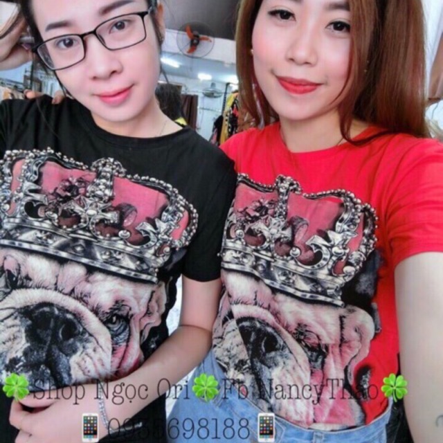 Áo phông vua chó đính cườm đinh