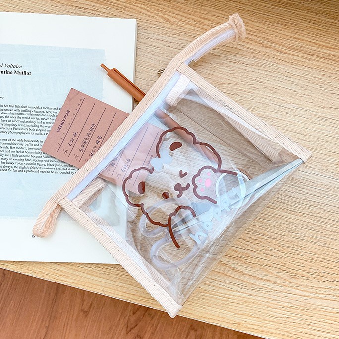 Túi nhựa trong suốt đựng bút, mỹ phẩm viền màu be thỏ và gấu hoạt hình dễ thương cute