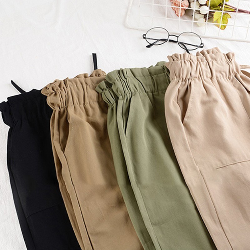 Quần Dài Ống Rộng Vải Lanh Cotton Lưng Thun Cho Nữ