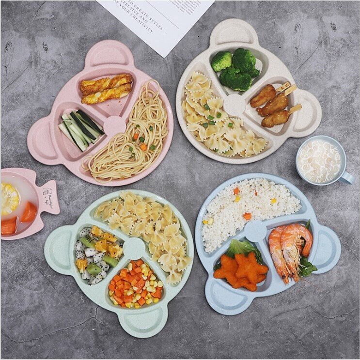 Khay ăn dặm, Khay gấu kèm thìa và dĩa, chất liệu lúa mạch an toàn cho bé