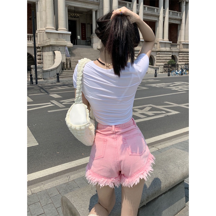 Quần Short Denim Tua Rua Lưng Cao Thời Trang Mùa Hè Mới 2022 Cho Nữ