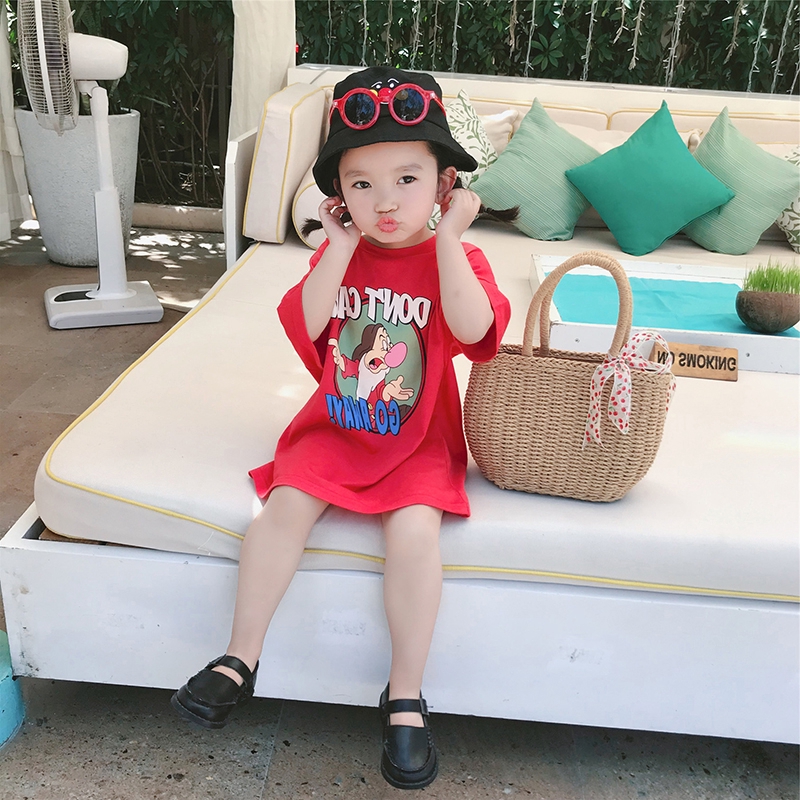 Đầm thun tay ngắn in họa tiết đáng yêu cho bé gái