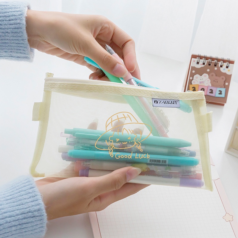 Túi Lưới Đựng Bút Đa Năng Trong Suốt Họa Tiết Hoạt Hình Sáng Tạo