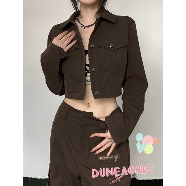 DUNEA Áo Khoác Tay Dài Phối Túi Phong Cách Đường Phố Cá Tính Cho Nữ