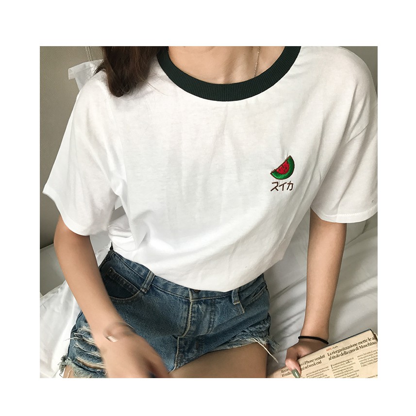 Áo thun SUXI cổ tròn dáng rộng thêu hình trái cây xinh xắn cho nữ