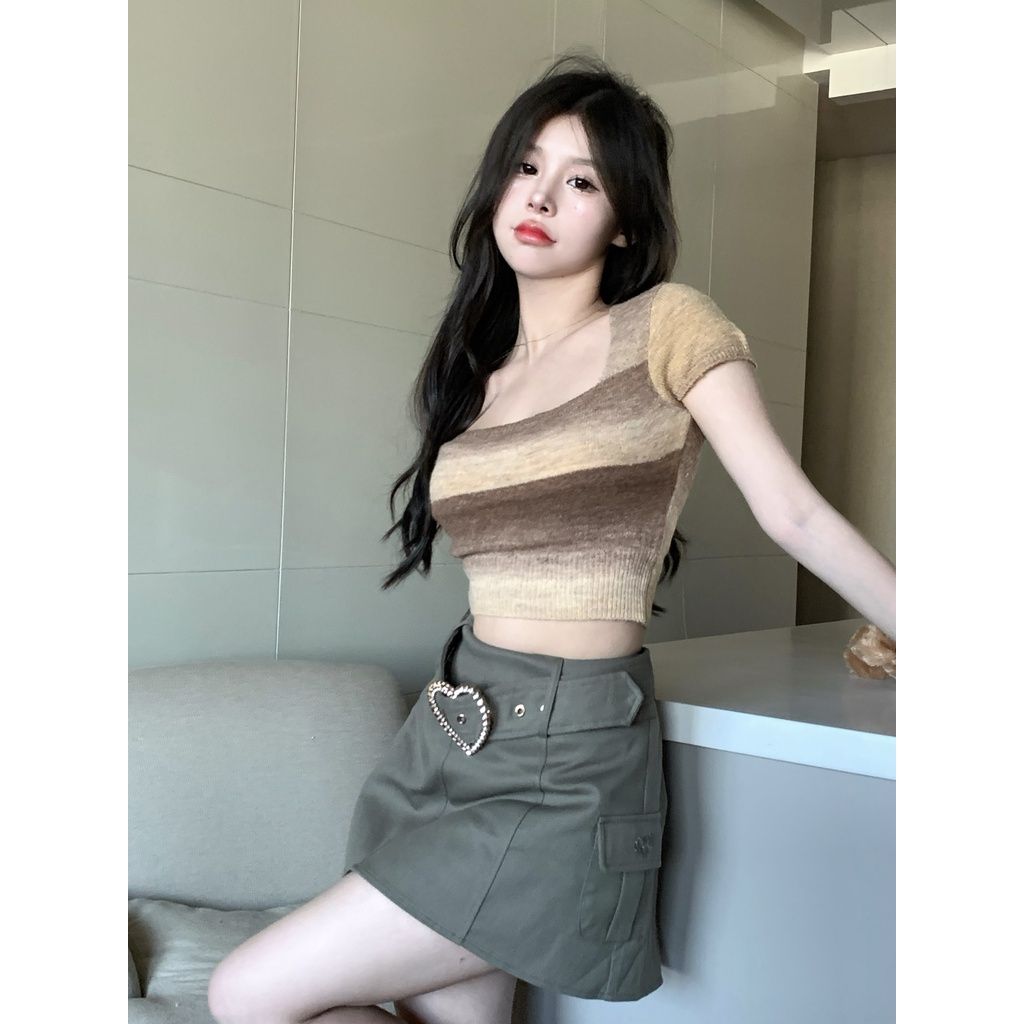 Porozi  Áo thun  ngắn tay cổ vuông họa tiết kẻ sọc thời trang Hàn Quốc cho nữ