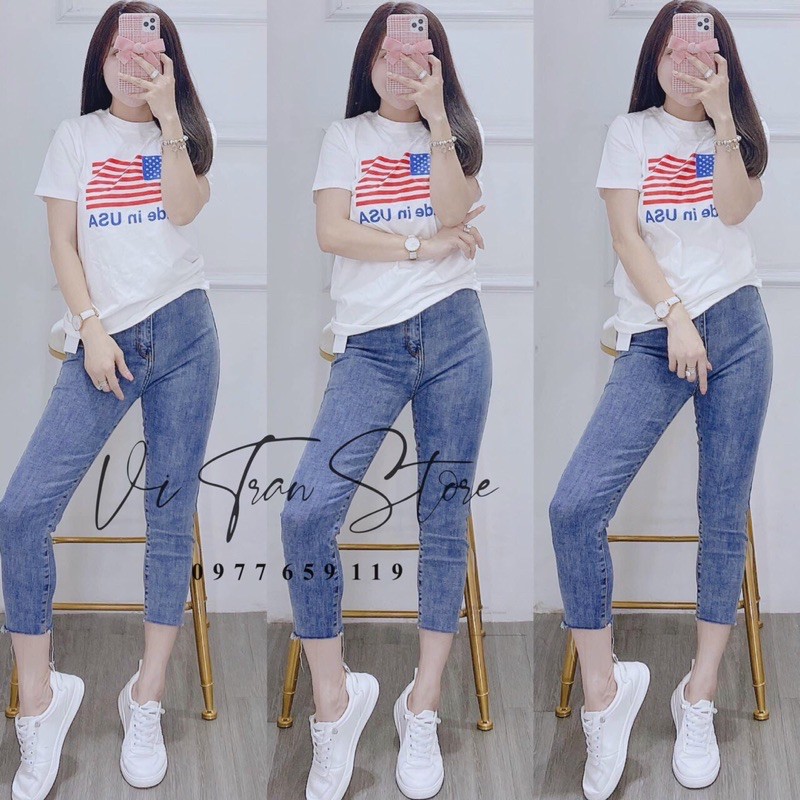 Áo thun giấy form rộng in lá cờ Ni Usa tay ngắn cổ tròn