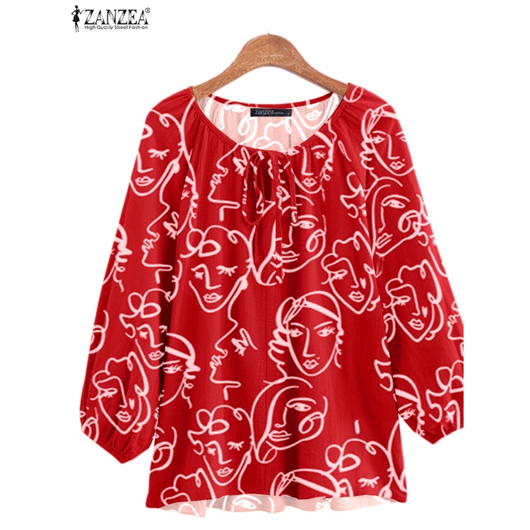 Áo Kiểu ZANZEA Tay Lửng 3/4 Cổ Tròn Cột Dây In Họa Tiết Mặt Cho Nữ