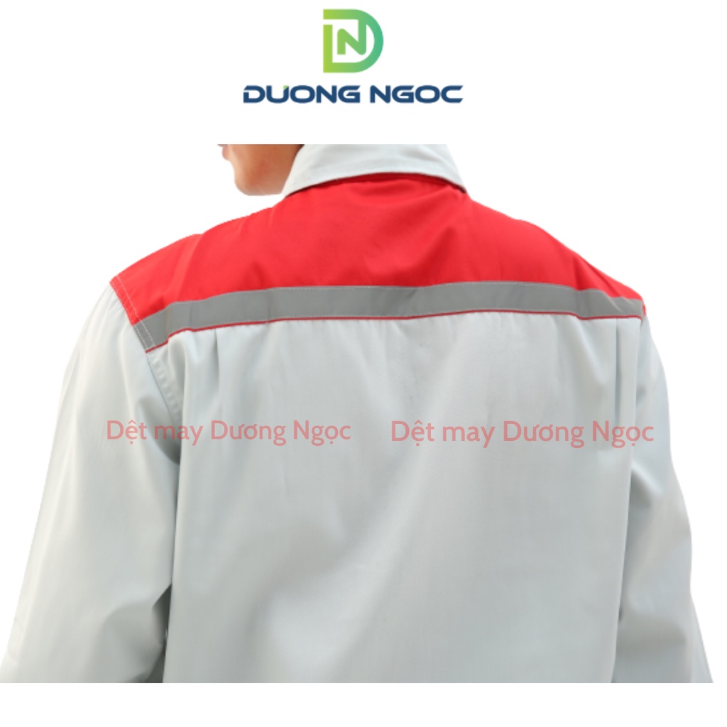 Quần Áo Bảo Hộ Lao Động Đồ Công Nhân, Đồng Phục BHLĐ Nam Màu Ghi Ánh Xanh Phối Đỏ Vải Kaki Nhuộm Hoạt Tính Đủ Size DN12
