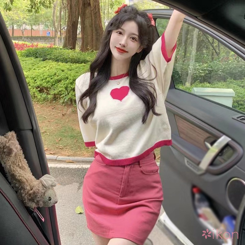 Áo Thun Crop Top Tay Ngắn Dáng Rộng In Hình Trái Tim Kiểu Hàn Quốc