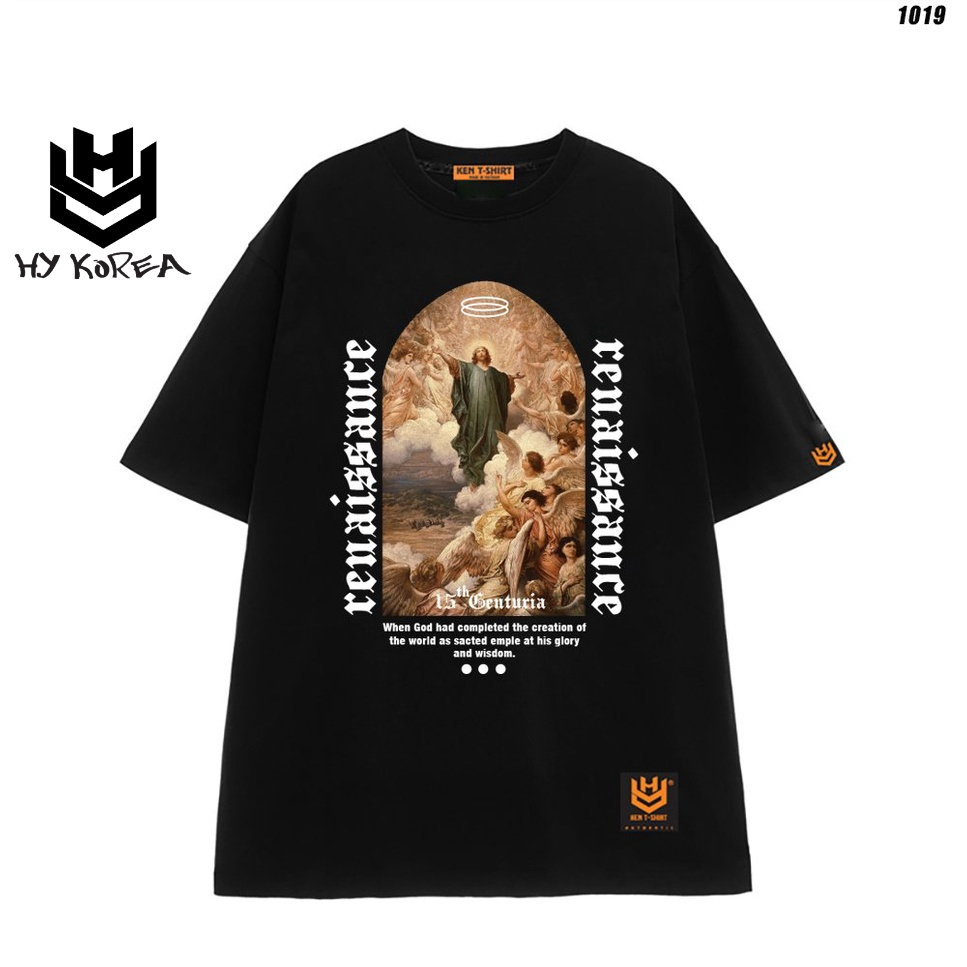 Áo thun tay lỡ form rộng vải cotton 75 In hình Kito&Angel 1019 HY KOREA