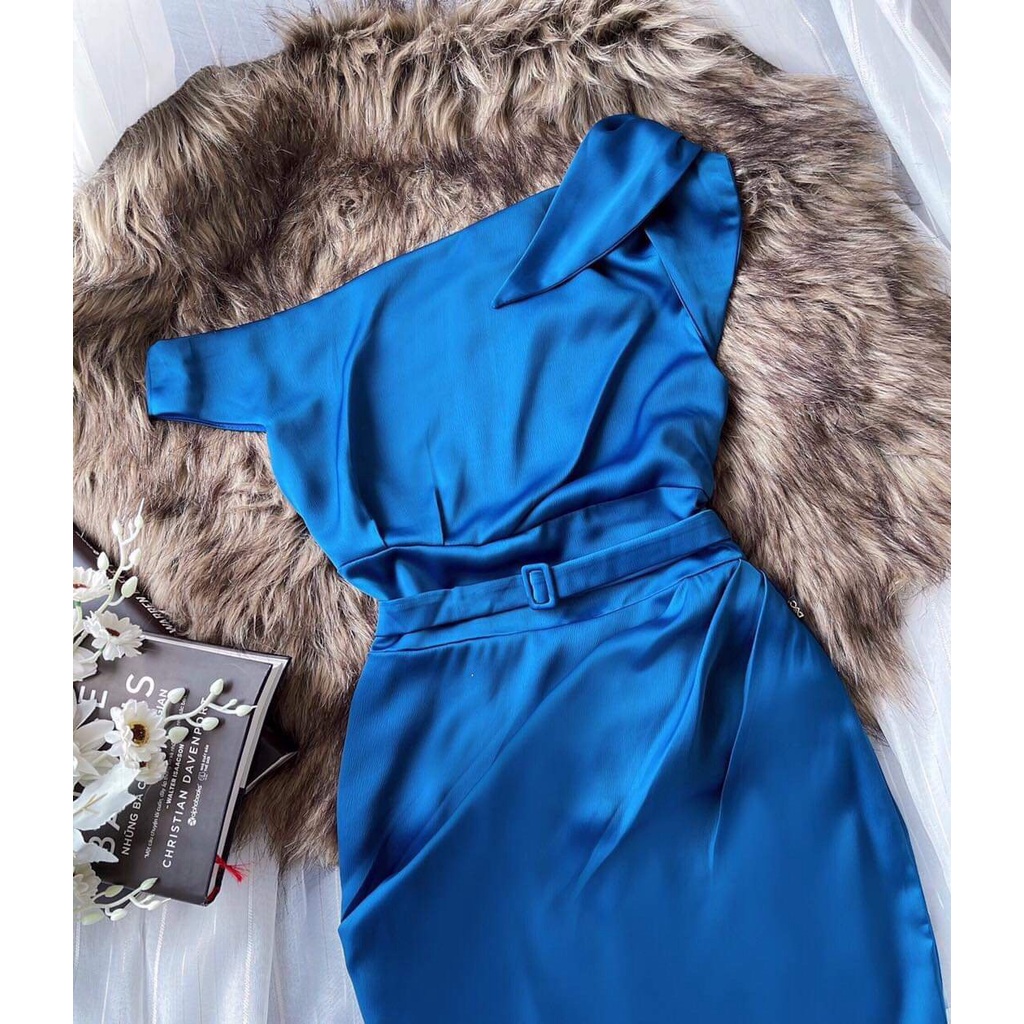 Váy đầm dự tiệc BODY Lệch vai màu xanh biển chất liệu lụa Nhật CAO CẤP hàng thiết kế V1830