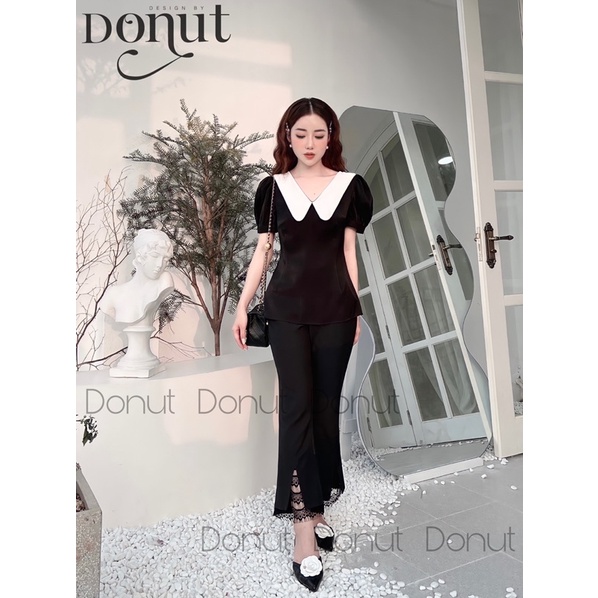 Set áo đen cổ trắng quần loe phối ren