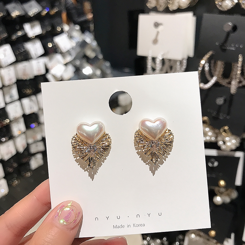 Zhiyujia √ Khuyên Tai Kim Bạc 925 Hình Trái Tim Kim Cương Ngọc Trai Lấp Lánh Cao Cấp Phong Cách Hàn Quốc Sang Trọng Cao Cấp