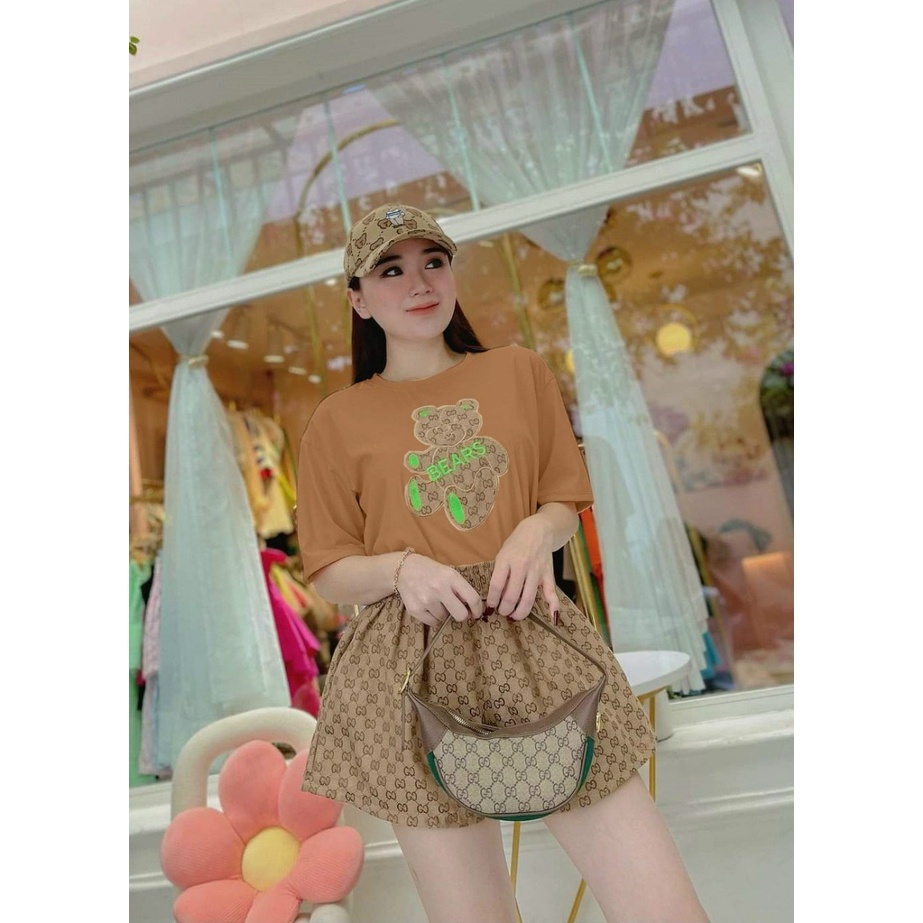 (Sale Freeship)Bộ tole lạnh áo cotton from rộng thêu gấu mix quần kaki,thiết kế đơn giản dễ mặc,hàng loại 1