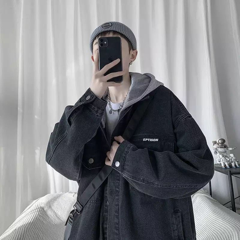 Áo Khoác Jeans Nam Nữ Denim Jacket Hàn Quốc phối nón màu xanh và đen