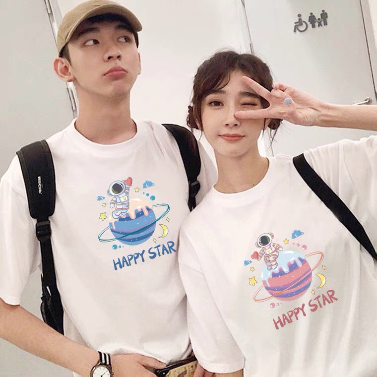 Áo đôi Happy star, Áo đôi nam nữ, Áo thun Unisex From rộng, chất đẹp mặc không xù - MODY
