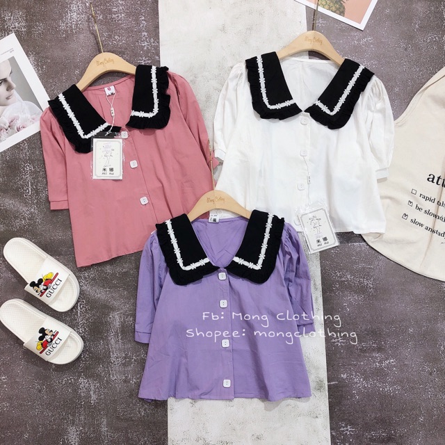[SALE] Áo sơmi croptop cổ pha đen