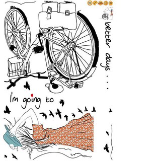 Xả Decal dán tường cô gái và xe đạp dans tường gạch, gỗ