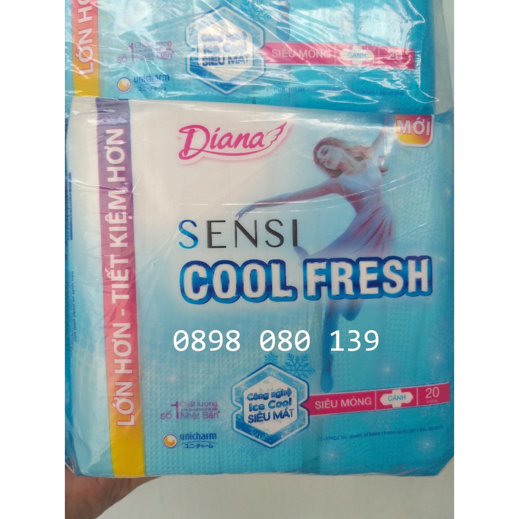 BĂNG VỆ SINH MỎNG CÁNH DIANA COOL FRESH (MÁT LẠNH) GÓI 20 MIẾNG, MỖI MIẾNG DÀI 23CM