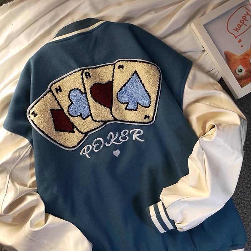 Varsity Jacket Thêu Chữ M Phối Tay Da Nam Nữ