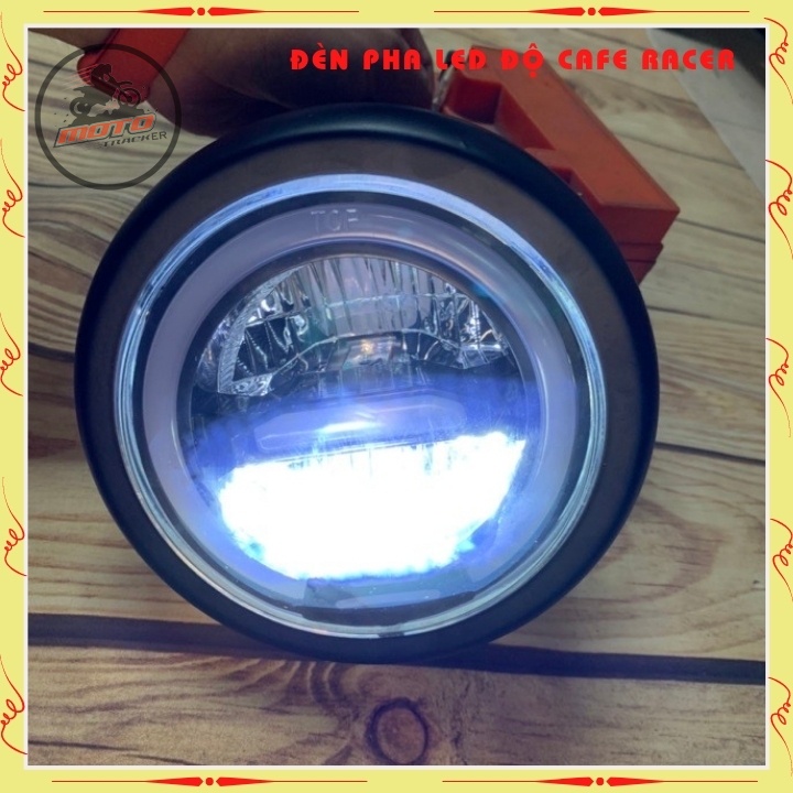 Đèn pha led cao cấp , đèn led pha độ xe máy CAFE RACER gáo sắt sơn đen mặt kính trong suốt