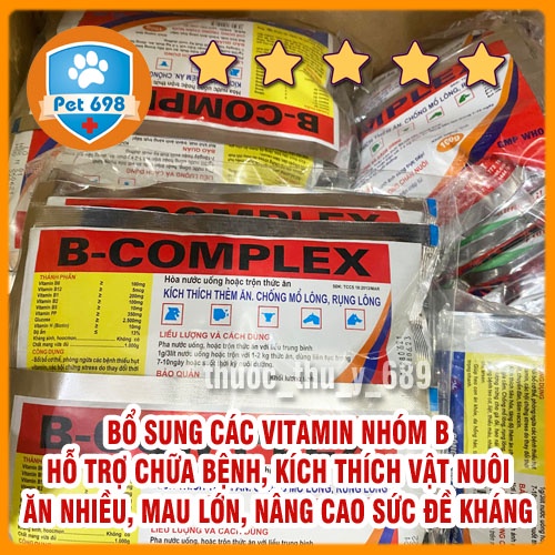 Gói 100g BCOMPLEX cung cấp các vitamin nhóm B, hỗ trợ tiêu hóa, nâng cao sức đề kháng, chống rụng lông, mọc lông nhanh