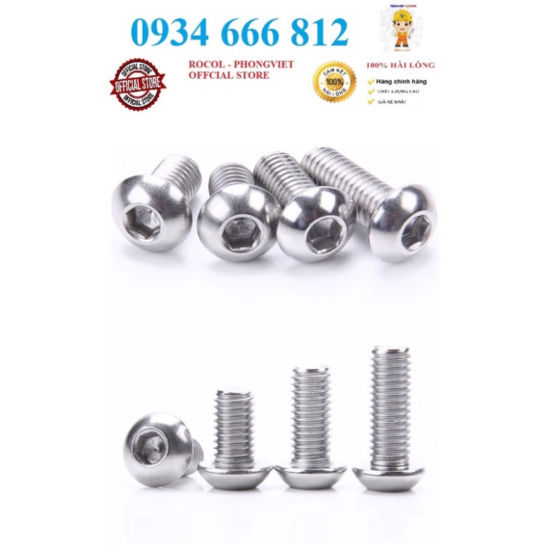 Combo 10c bulong lục giác chìm đầu cầu INOX 304 M6, M6X10 ,M6X12, M6X16, M6X20, M6X25, M6X30