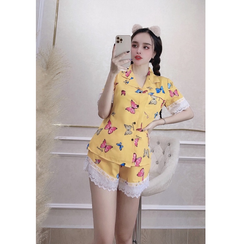 [FREESHIP 50K] Bộ Mặc Nhà Nữ NHISTORE Pijama Quần Ngắn Tay Ngắn Phối Ren Họa Tiết Bướm Xinh 45-57kg