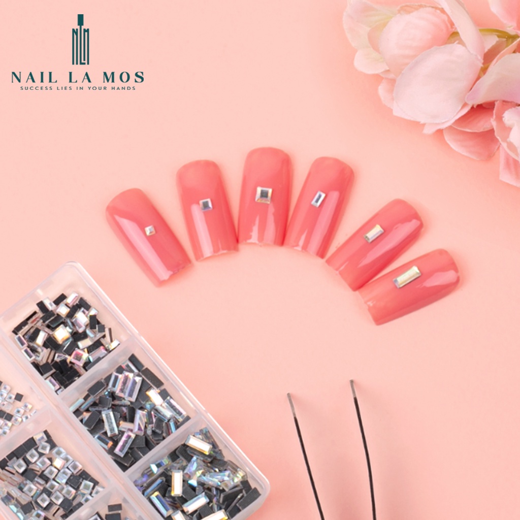 Khay đá khối chân keo đính móng - Đá nail chân bằng mix size chữ nhật, vuông 6 ngăn nhiều màu sang chảnh