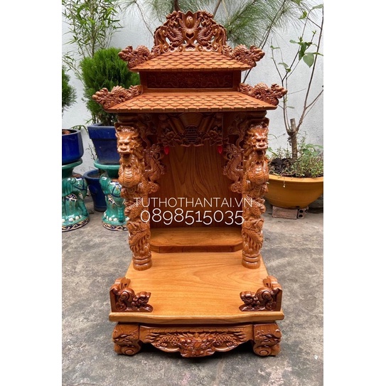Bàn thờ thần tài ông địa mái ngói Vip 60 x 60 x 117cm - Gỗ Gõ Đỏ ( Hàng loại dày dặn )